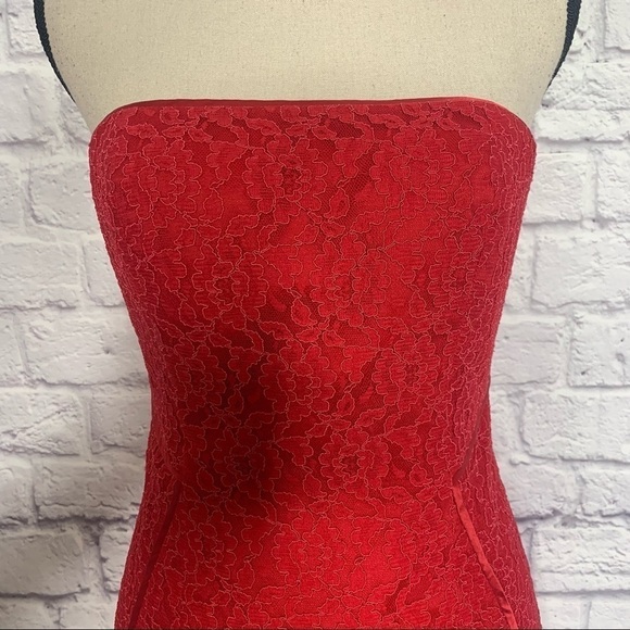 Aidan Mattox Red Lace Strapless Ruffle Hem Mini Dress - Picture 4 of 14